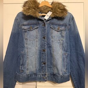 NY&Co Blue Denim Jacket with Brown Faux Fur Collar